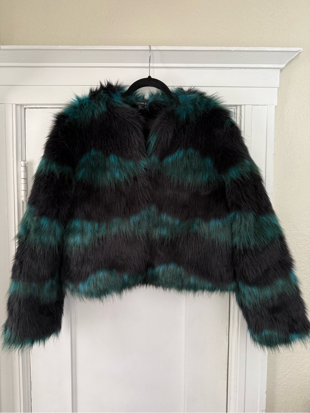 Forever 21 Black and Teal Striped Faux Fur Jacket
